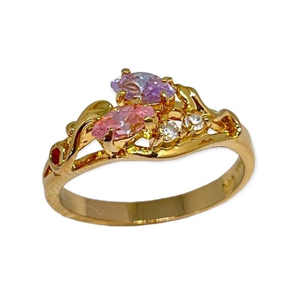 Vintage Ring Size 9 Pink Purple Clear Cubic Zirconia Gold Plate Mid-Century 14L - Picture 1 of 10